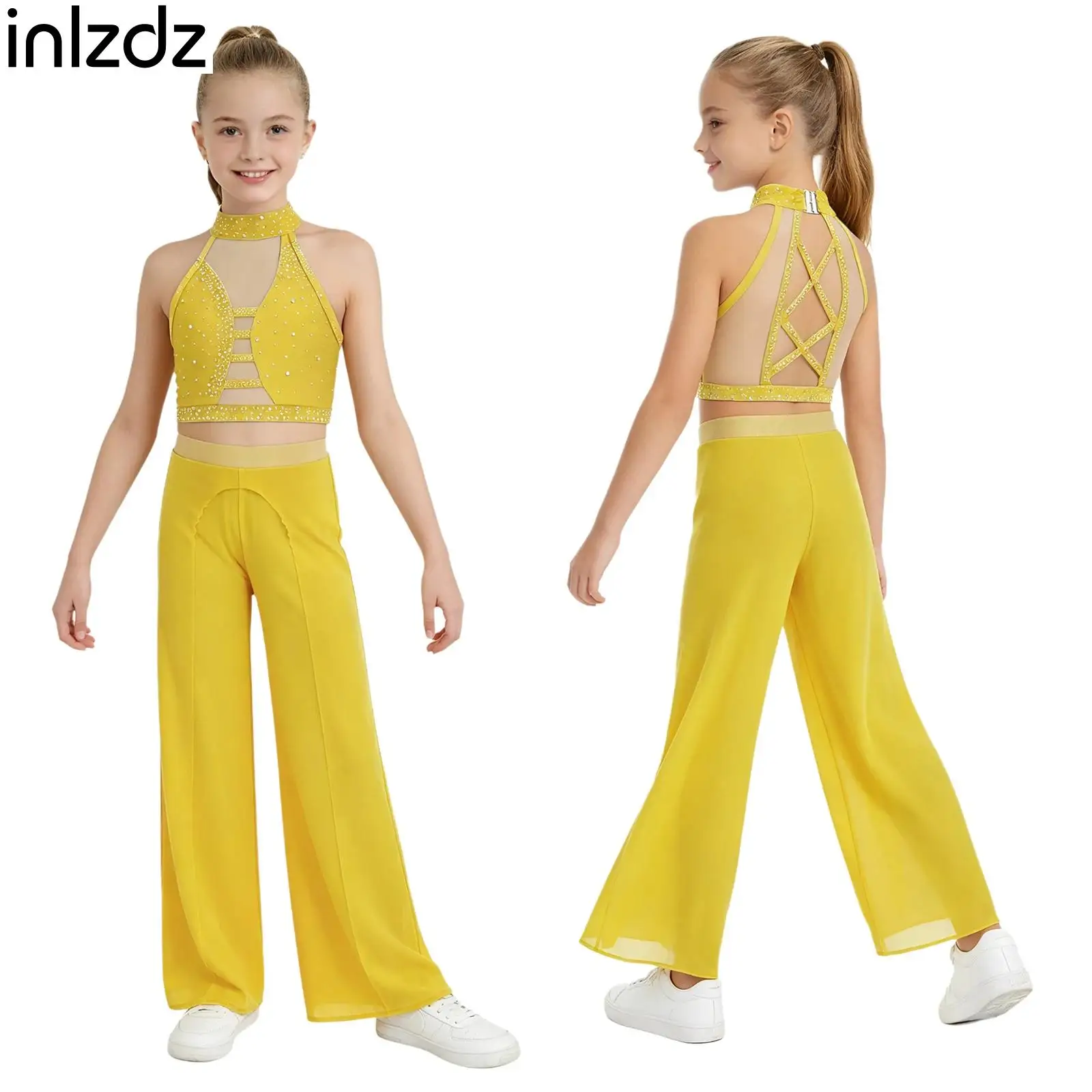 

Sparkling Rhinestone Mesh Crop Top for Kids Girls Halter Sleeveless Crisscross Back Top with Pants Lyrical Ballet Dance Costume