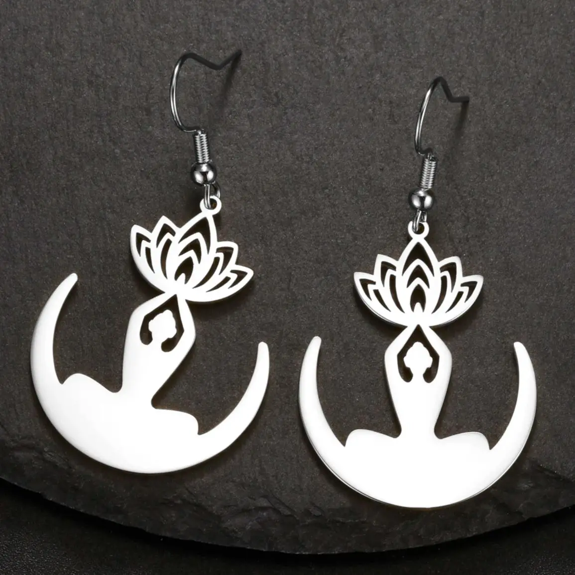 LIKGREAT Moon Yoga Lotus Dangle Earring for Women Stainless Steel Meditation Buddhist Spiritual Jewelry New Year Gift for Friend