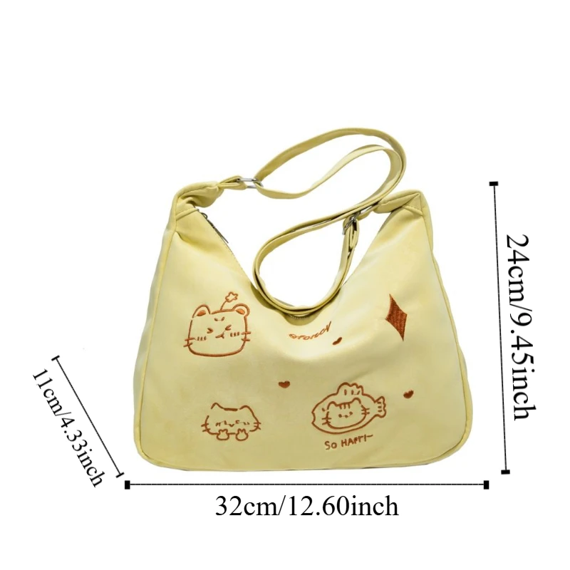 Borsa a tracolla con gatto carino di grande capacità Ricamo Nuova borsa a tracolla con tracolla alla moda Borsa da pendolarismo casual in stile Kawaii