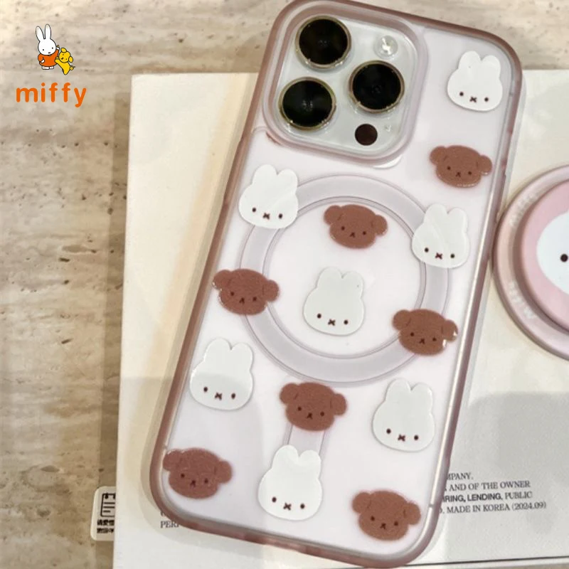 Kawaii Miffy غلاف الهاتف مناسبة آيفون 17 16 15 14 الكرتون ميفي وبوريس حامل مغناطيسي الوردي مكافحة إسقاط جراب هاتف الهدايا