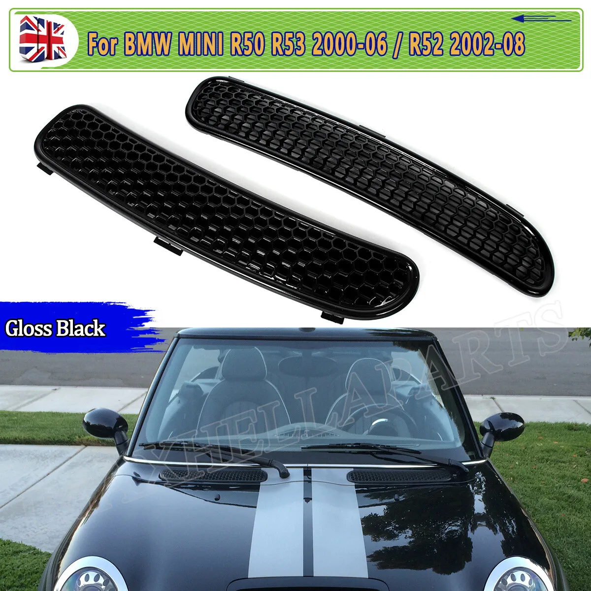 

Replace For MINI Cooper Front Fair Water Piece S R50 R52 R53 2002-2008 Gloss Black Bonnet Pollen Hood Air Vent Scoop Covers