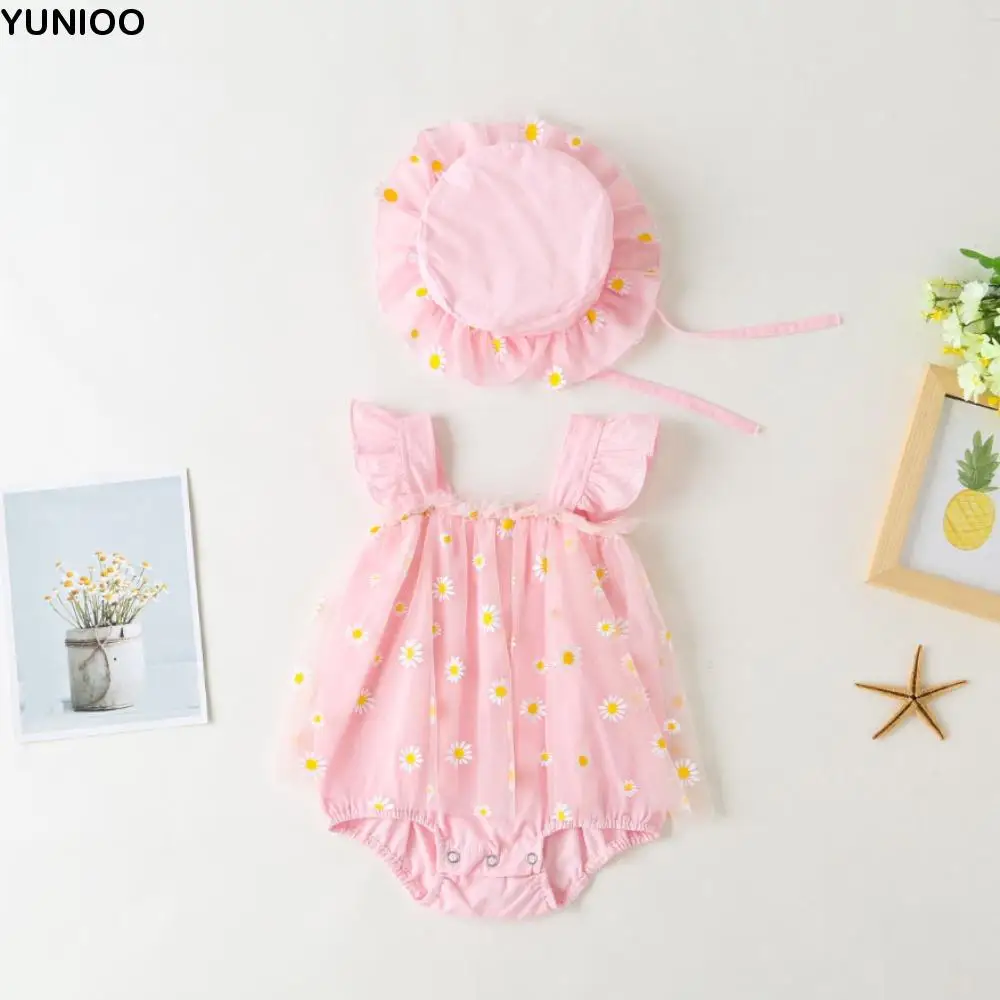 

Сетчатое детское платье принцессы с цветочным узором и шляпой, свободный детский костюм без рукавов для скалолазания, милый тонкий комбинезон для младенцев, комбинезоны для малышей