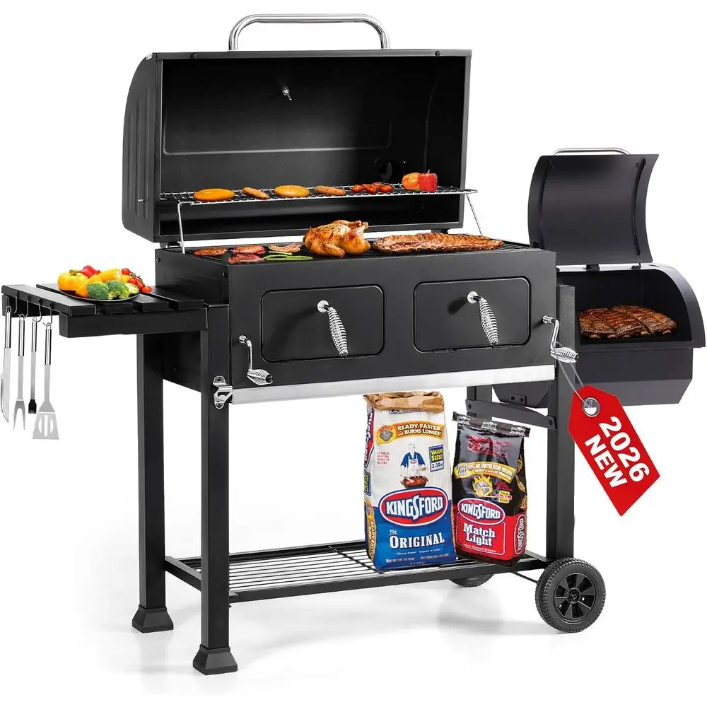 30 Inch Charcoal Grill with Oset Smoker and 1015 Sq In Porcelain-Enameled Cooking Area
