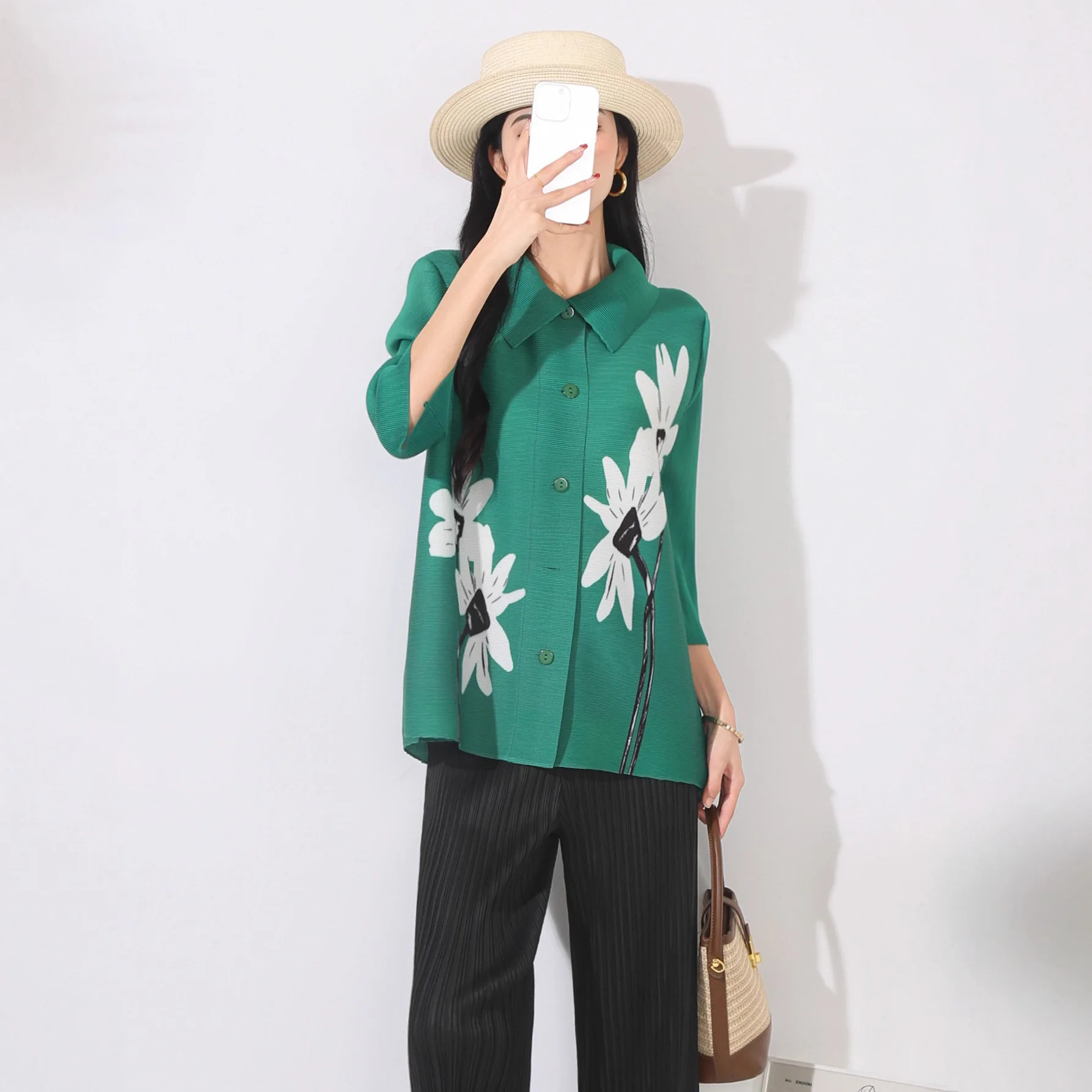 Miyake Flower Printed Shirt Women Lapel Single Breasted Three Quarter Sleeves Pleated Shirts Female New Fashion Clothes