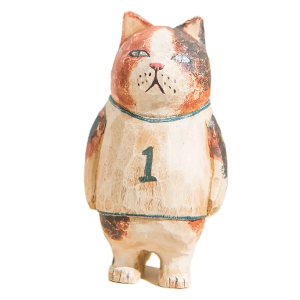 Solid Wood Wood Carving Cat Ornament Simple Style Small Painted Cartoon Cat Sculpture Handmade Cute