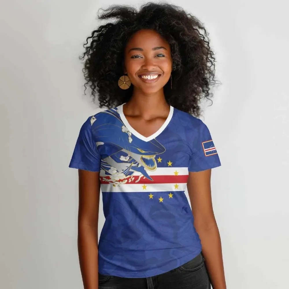 Camisa de Futebol Feminina Cabo Verde Blue Shark Gola V 2026 Evento Global de Futebol Camisa de Torcedor Secagem Rápida Manga Curta Camiseta Esportiva