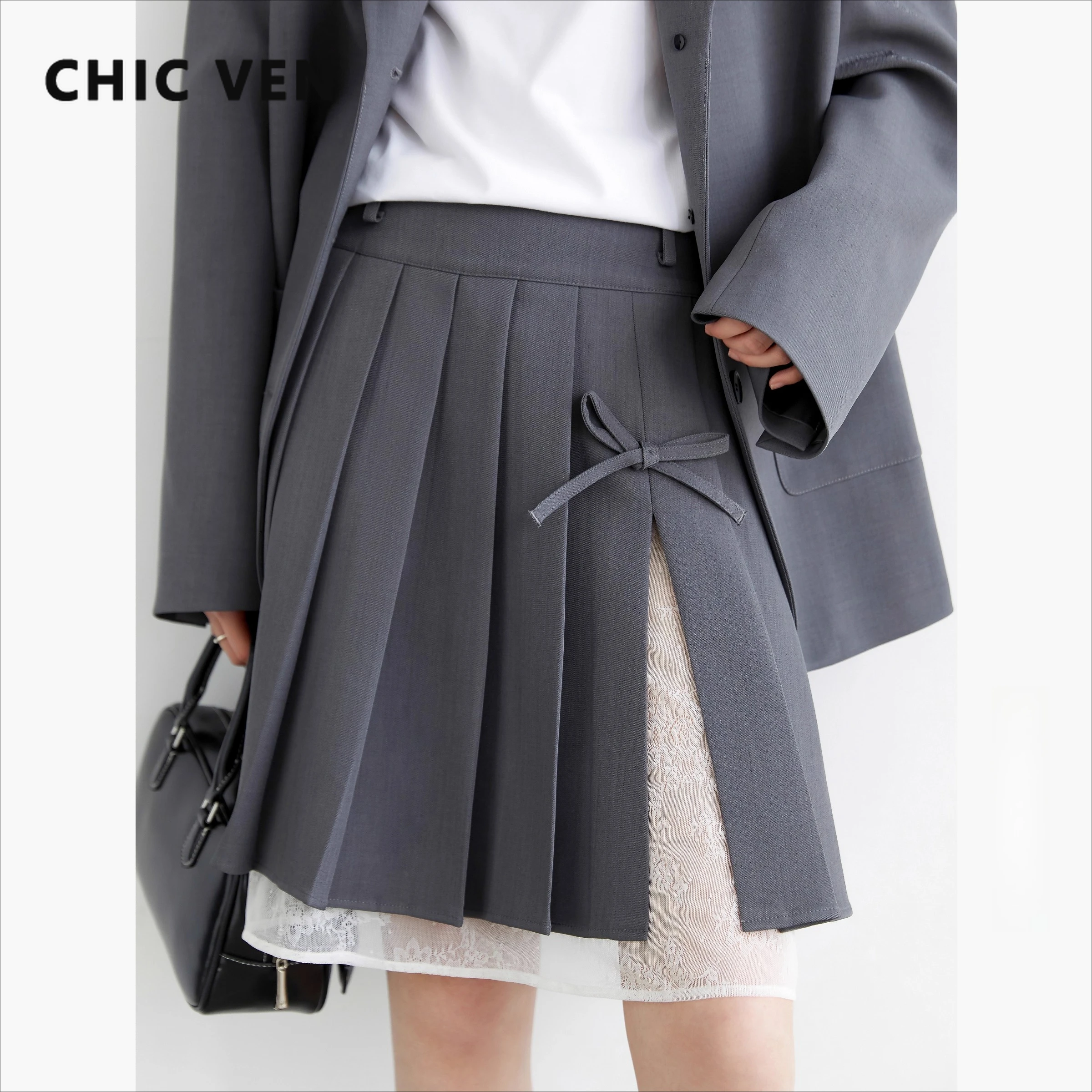 

Женские юбки CHIC VEN, свободная повседневная кружевная лоскутная юбка с высокой талией, плиссированная юбка с разрезом и бантом для девочек, весна-осень 2025