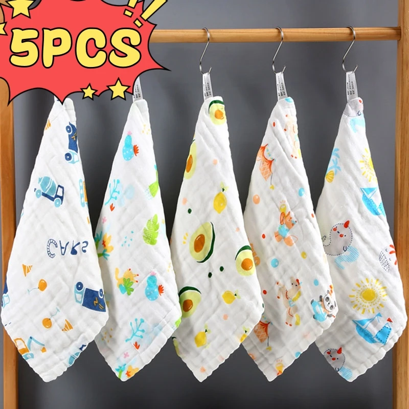 5PCS Newborn Baby Face Wash Towels Muslin Hood 100% Cotton 6 Layer Gauze Handkerchief Bathing Feeding Face Washcloth Bath Towels