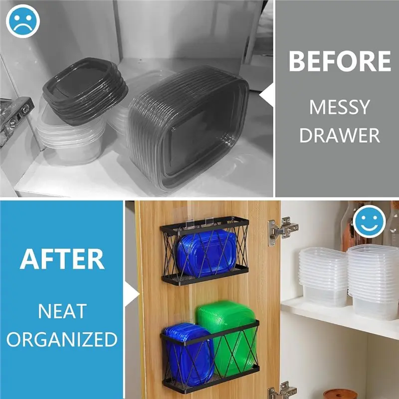 B23B Wall-Mounted Pantry Door Organizer-Adhesive Cabinet Organizer 3-Pack Bin Holder For Kitchen For Lids
