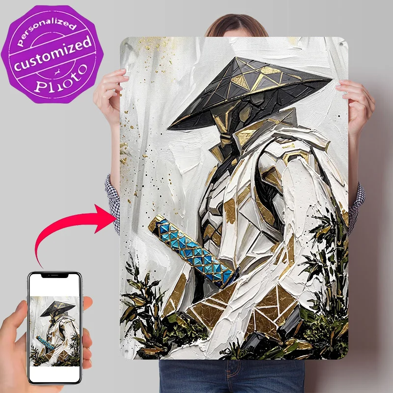 Abstract Textured Samurai Warrior Painting Personalized 3D Textured Metal Poster Wall Art Vintage Tin Signs for Home Decor Items