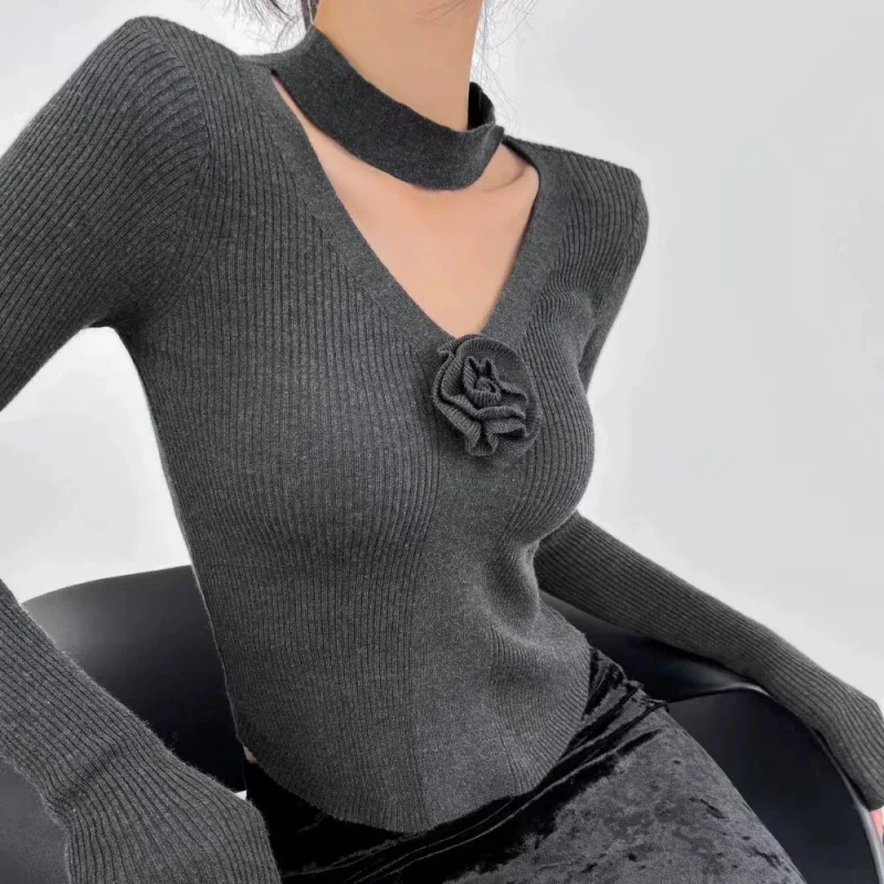 Women Sweater Spring Autumn Vintage V Neckline Halterneck Rose Slim Sexy Fashion Knitwear Long Sleeve Top