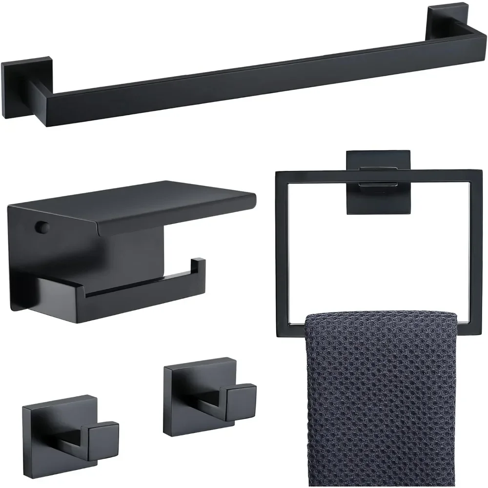 Black Towel Bar Set 5-Piece Bathroom Hardware Set Including 23.6 Inch Towel Bar,Towel Ring Towel Hook and Toilet Paper