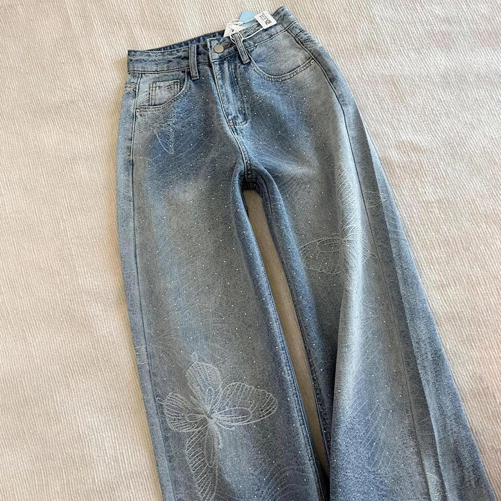 Trendy Butterfly Rhinestone Blue Jeans for Women Spring Autumn High Waist Straight Loose Denim Pants Chic Diamonds Jeans