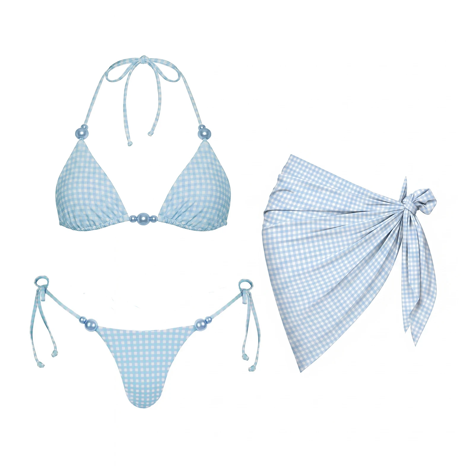 Plaid 3Pcs Sexy Bikini Set 2026 Women Swimsuit Pearl Swimwear Brazilian Biquini Micro Bikinis Swim Suit Bathingsuit Beachwear