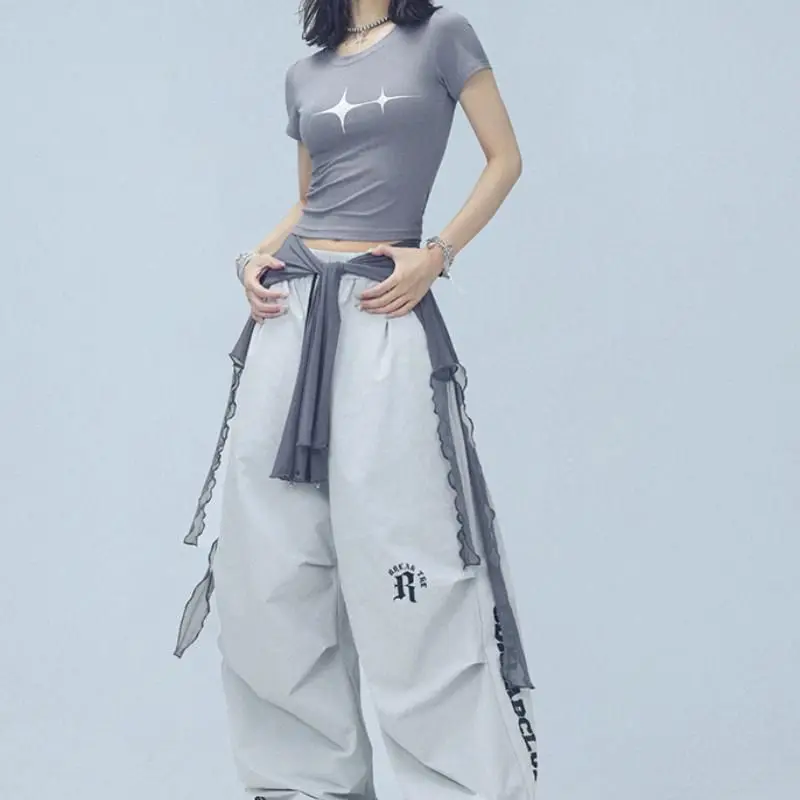 Cool Jazz Dance Long Sve Net Tulle Trim Bunting Gonna Cravatta in vita Top T-shirt estiva ampia da donna