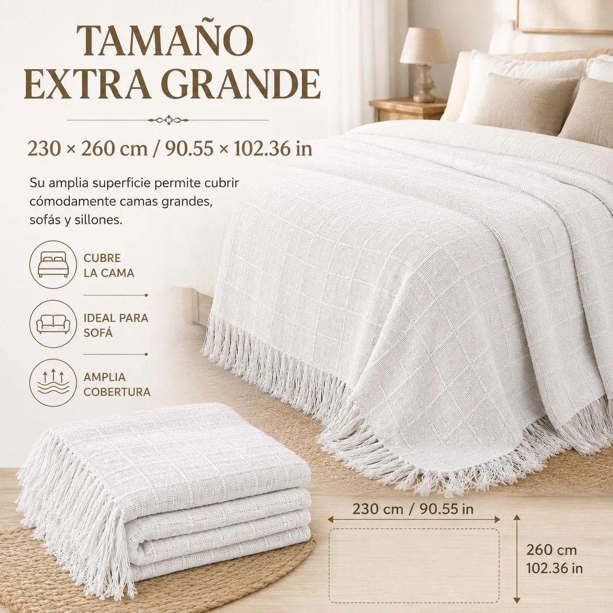 Couverture 100 % coton pour canapé et lit, couvre-lit multi-usage 230x260 cm avec texture à carreaux en relief et franges, protection de meubles respirante et douce, couvre-lit extra large