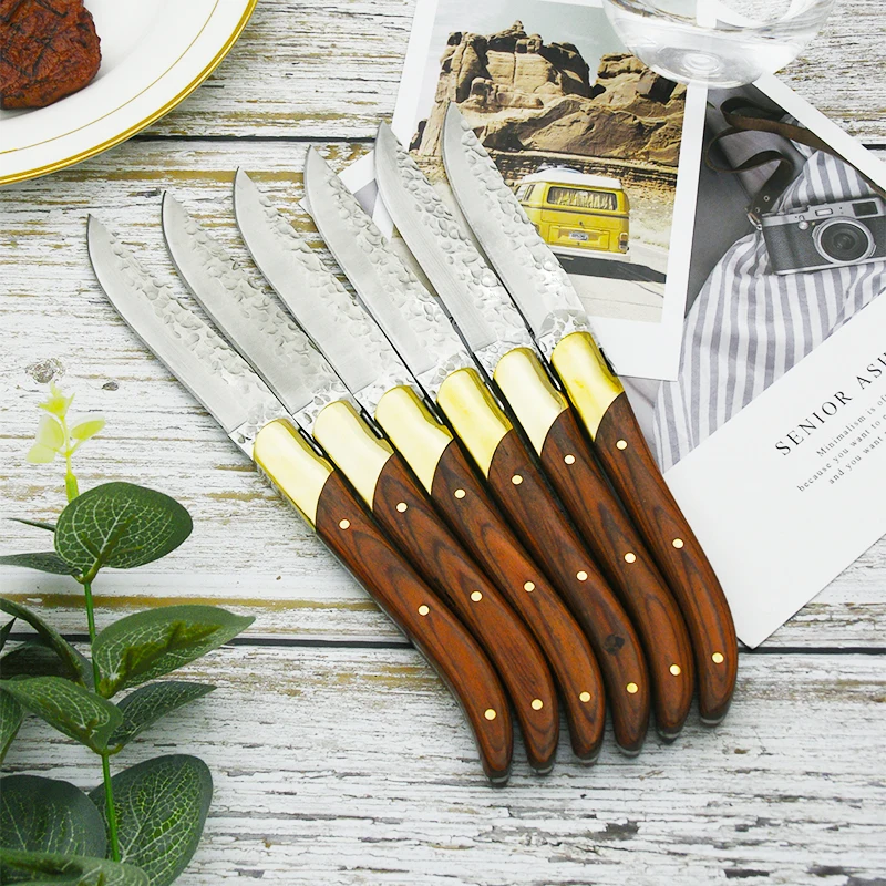 

Laguiole Steak Knives Hammer Blade Dinner Knife Red Wood Handle Copper Japan Tableware set Creative Cutlery 2-10pcs 22.5cm 8.25'