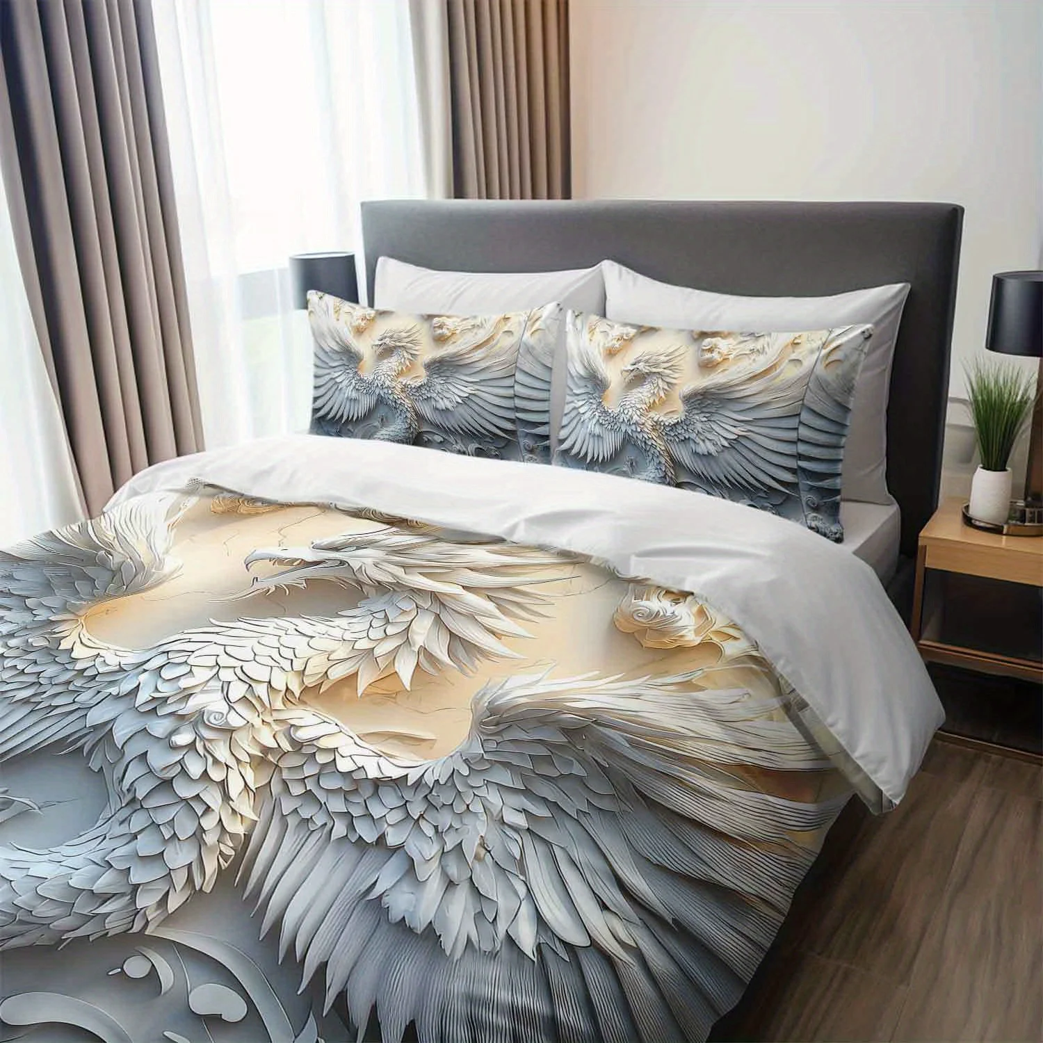 

3pcs Luxury Phoenix Relief Bedding Duvet Cover Set Elegant Phoenix Bedding Quilt Set 3D Phoenix Themed Bed Quilt Set Gray White
