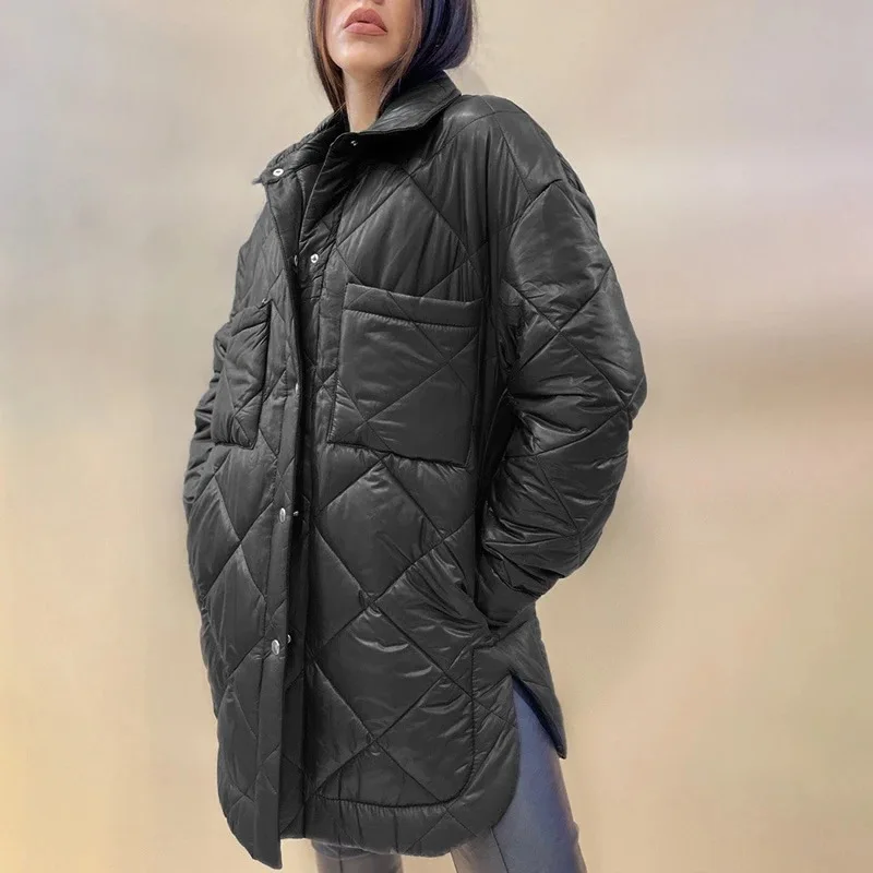 Lugentolo-abrigos y chaquetas de invierno para mujer, chaqueta acolchada con solapa, longitud media, a cuadros de diamantes, con botonadura única