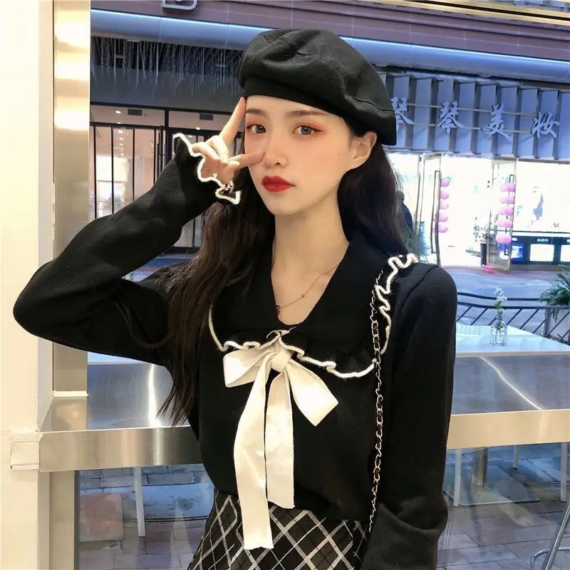 Autumn Winter New Long Sleeve Fashion All-match Pullovers Top Solid Bow Patchwork Sweet Sweaters Korean Fashion Women Clothing