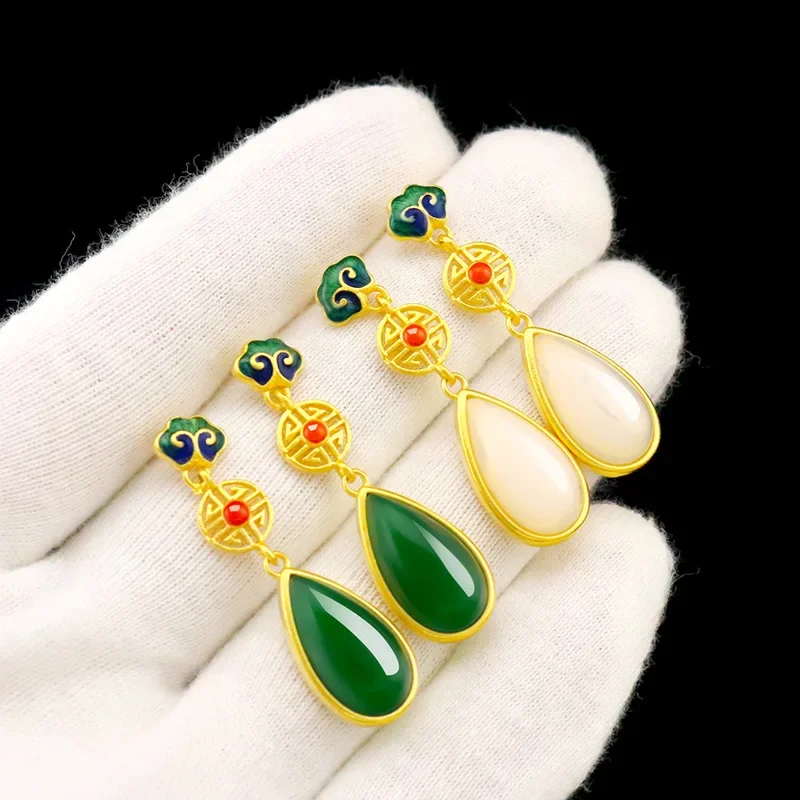 9999 Real Gold 24K Ethnic Style Women's National Style Chalcedony Earrings Long Retro Women's Earrings Ancient Style Water Drop