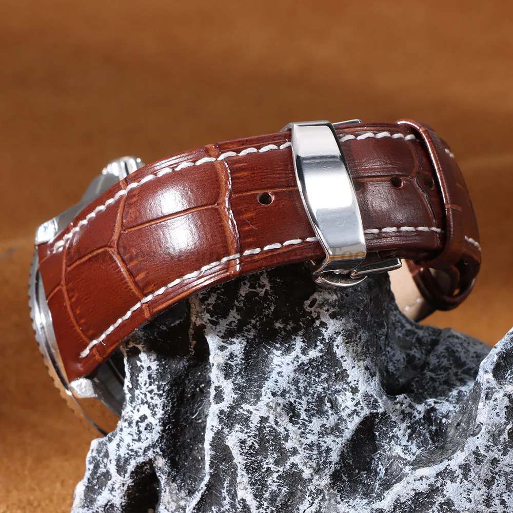 Crocodile Pattern Leather Strap for Seiko for Omega Bracelet 14mm 16mm 18mm 20mm 22mm 24mm Vintage Brown Bands Butterfly Buckles