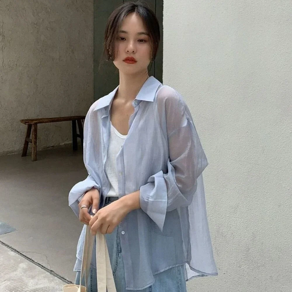 

Baggy Shirts Women Summer Sun Proof Chic Office Lady All-match Gentle Popular Solid Breathable Designed Korean Style Womens Tops