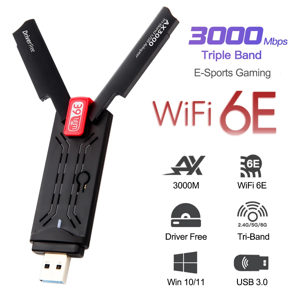 AX3000 USB 3.0 WiFi Adapter 3000Mbps WiFi 6E Network Card Tri-Band 2.4G 5G 6G Wifi Receiver Dongle For Windows 10 11 Driver Free