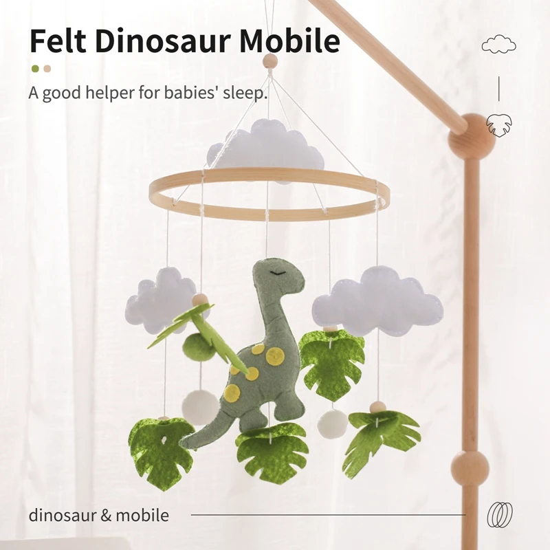 Campana de cama Musical móvil de madera de dinosaurio de fieltro, juguete colgante, sonajero para bebé, juguetes para recién nacidos de 0 a 12