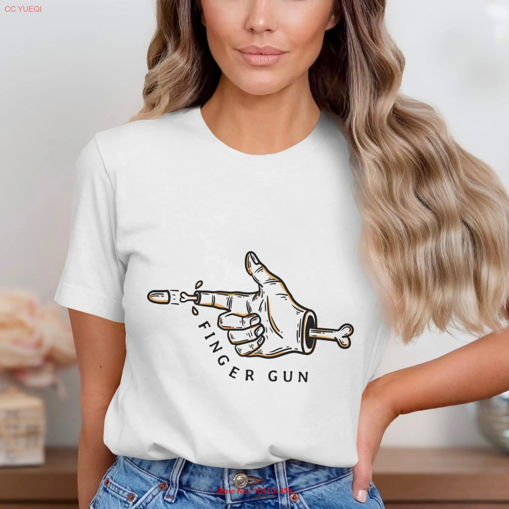 Funny Finger Gun T Shirt Unique Humorous Skeleton Hand Design Casual Wear Fun Idea Trendy and Stylish