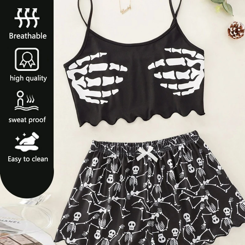 Printed Plus Size 2xl Camisole Top Shorts Homewear Set Easy to Clean Black Sexy Camisole Printed Shorts Student Pajama Set Birth