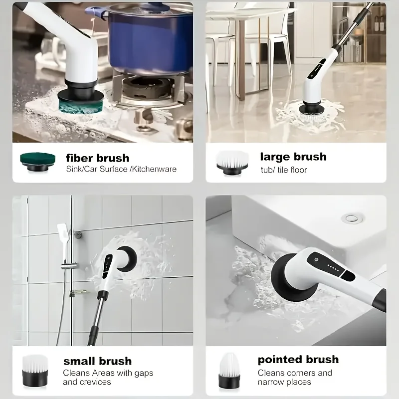 Bezprzewodowa elektryczna szczotka obrotowa do czyszczenia z 9 głowicami - wyświetlacz LED, wodoodporność IPX7, do podłóg, samochodów, łazienek