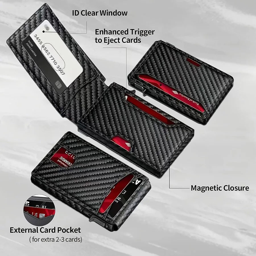 Men Carbon Fiber RFID Blocking Pop Up Wallet, Slim Minimalist Credit Card Holder Multi Slots Portable Business Card Purse