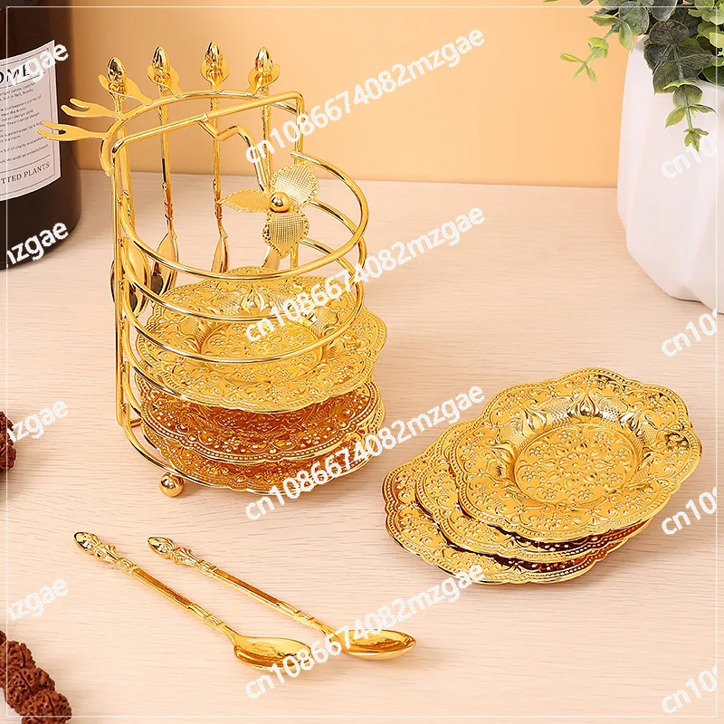 

Золотистый железный поднос для торта в европейском стиле с набором из 6 ложек, домашний поднос для фруктов премиум-класса, поднос для закусок к чаю.