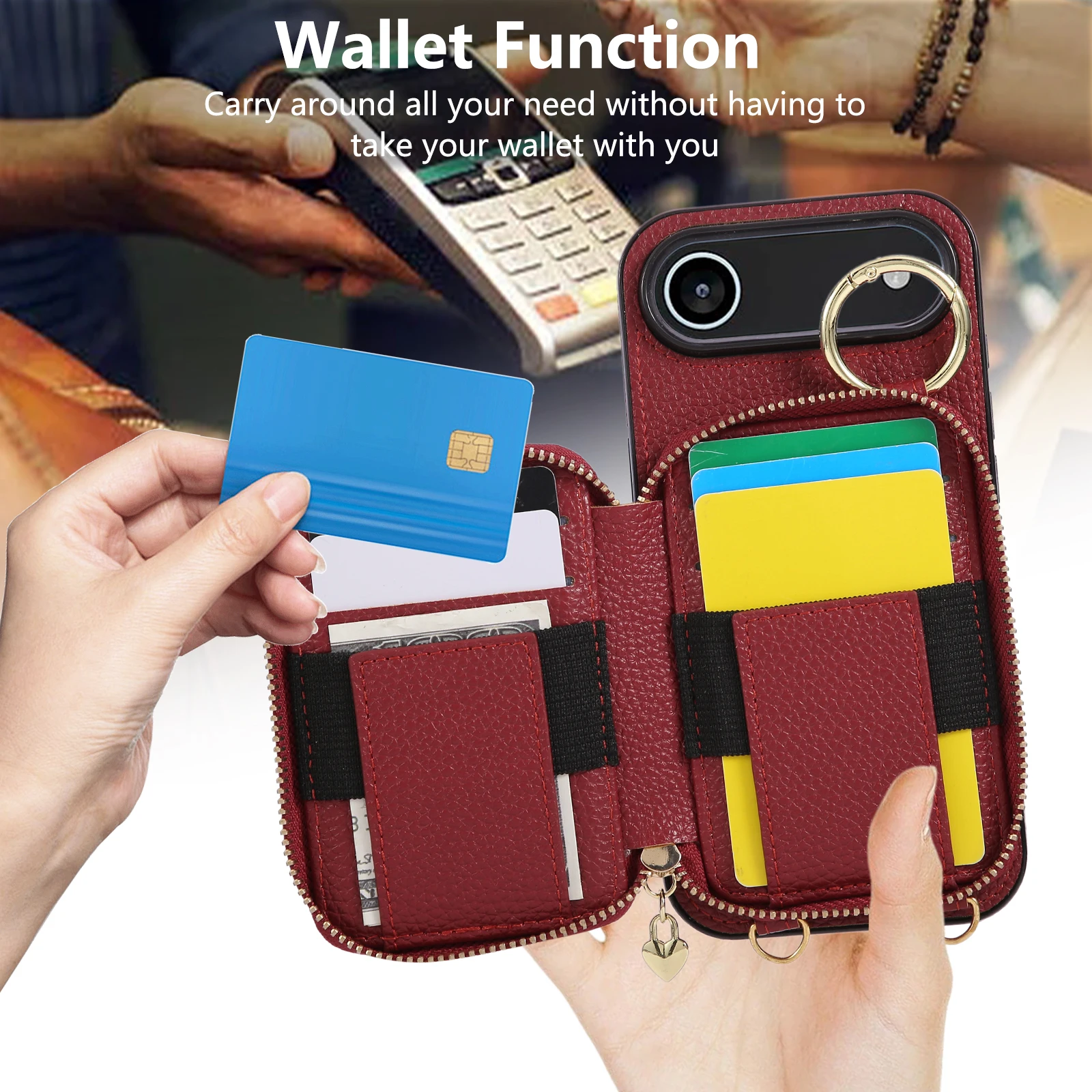 Кожаный чехол-кошелек на молнии через плечо для iPhone 16 Pro Max 15 Plus 17 Air 14 13 12 11 Чехол-держатель с ремешком и сетчатым кольцом