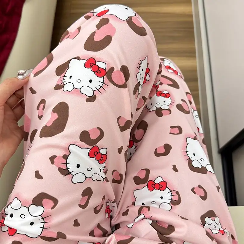 Sanrioed Anime Women\'s Pajama Pants Hello Kittys Kawaii Spring Spring Kt Loose Home Pants High Waist Casual Cotton Cute Trousers