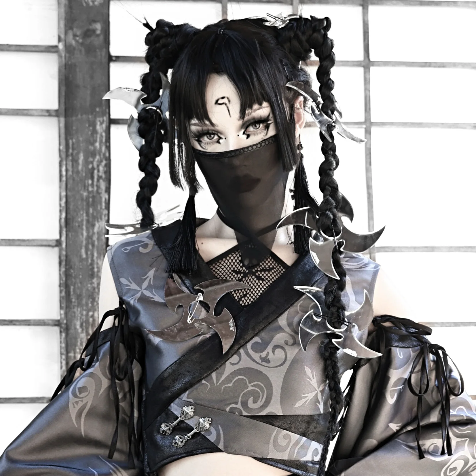 Japanese Gothic Dark Tassel Triangle Ninja Mesh Veil Cosplay Party Accessories