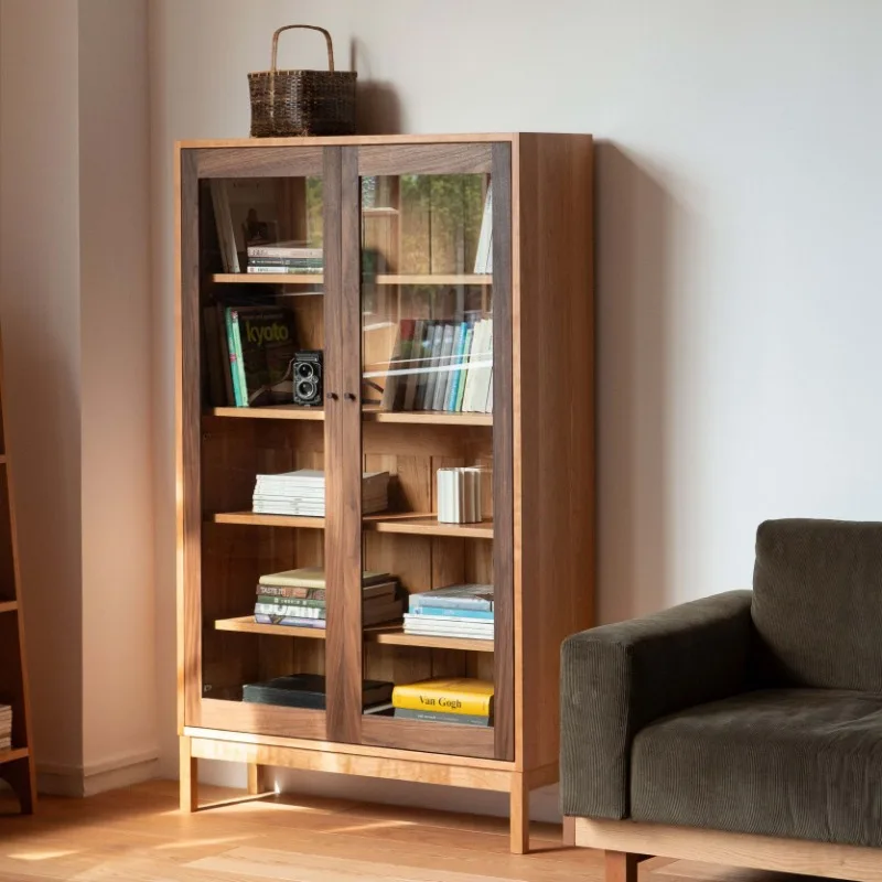 Glass bookcase, contrasting log wine cabinet, display bookshelf