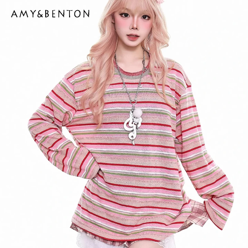 

Original Design Striped Loose Women's Pullover 2026 Spring Autumn New Sweet Cool Cute Versatile Age-Reducing Sweater Top Ladies