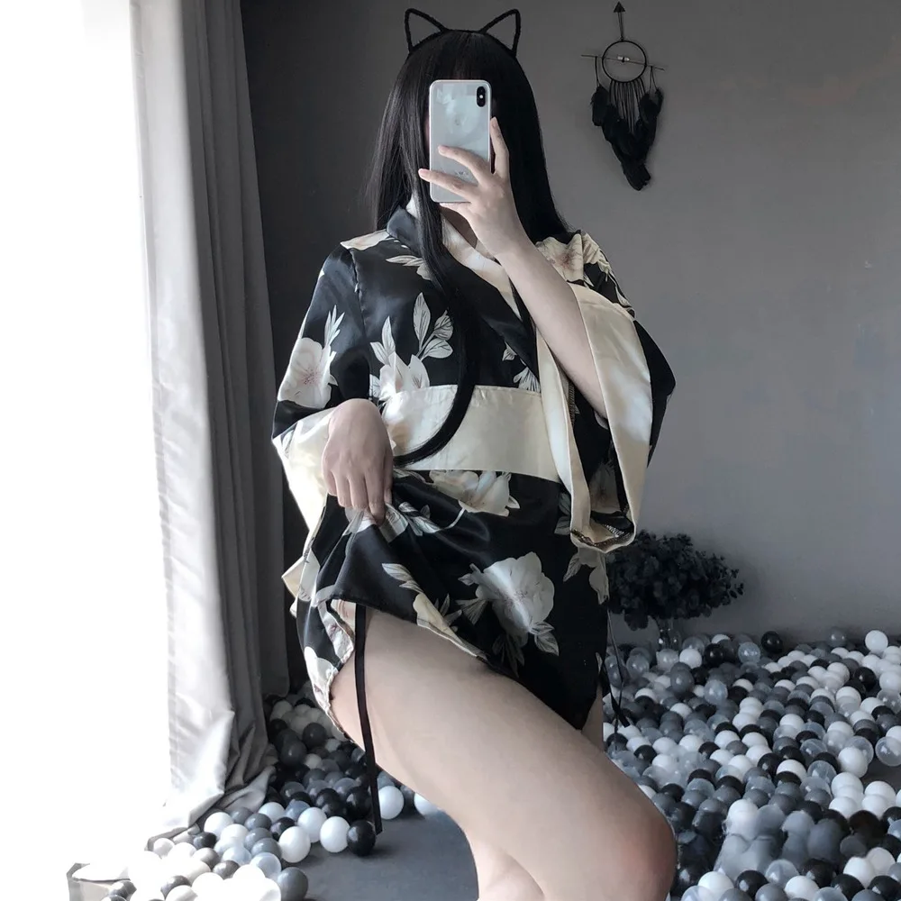 زي الكيمونو الياباني أزياء الإغراء التأثيرية مجموعة الملابس الداخلية الغريبة ملابس النساء فضفاضة طويلة الأكمام مثير الدانتيل يصل منامة #4