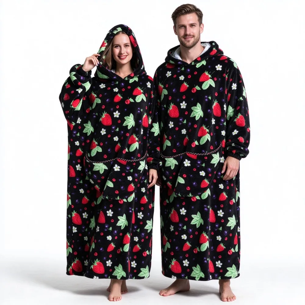 Extra Long Warm Blanket  Wearable Blanket Hoodie Oversized Flannel Hooded Sweatshirt Blanket Cartoon Couple Matching Homewear