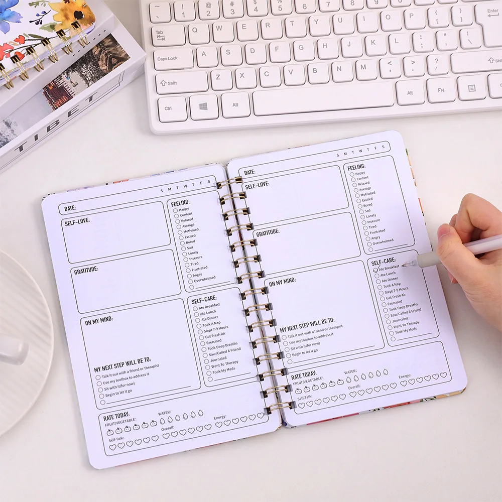 48 sheets Floral Hardcover Mental Health Planner A5 Daily For Self-Care Meditation And Emotional Tracking Notebook For Student