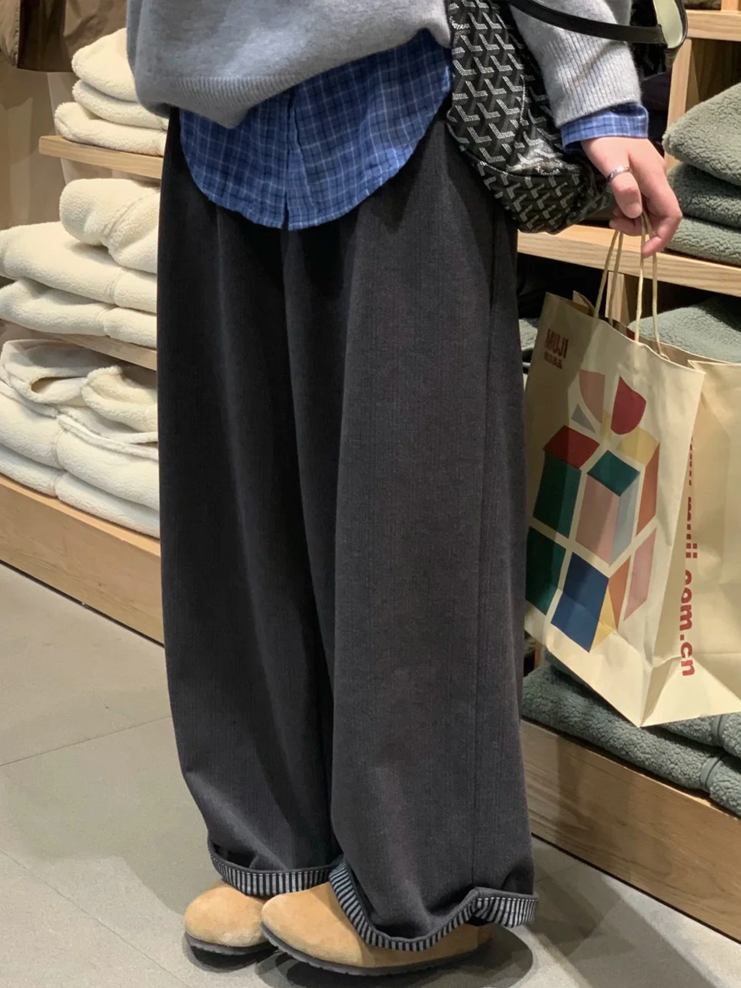 Retro ey Plaid Wide Leg Pants Women's Autumn Winter Fce Lined Thiened Warm Loose Fit Straight Cut Slimming Pants