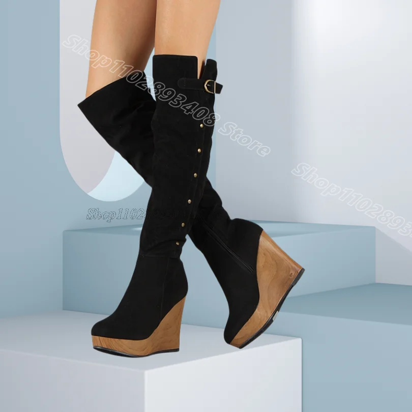 

Black Wedges Heels Flock Boots Round Toe Side Zipper Fashion British Style Party Dress Women Over Knee Boots Zapatos Para Mujere