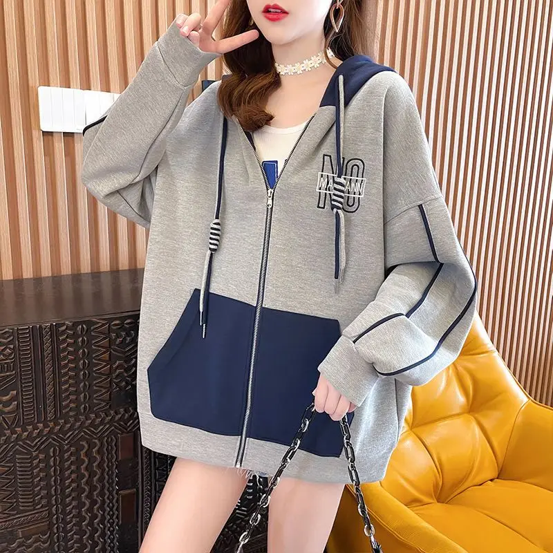 LooseCasual Casual Sweatshirts Cardigan Female New Korean Autumn Winter Patchwork Hoodies Coat Women Clothing All-match Top Tee