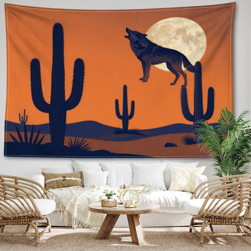 Orange Moon Night Desert Howling Wolf Cactus Wall Tapestry, Boho Decor