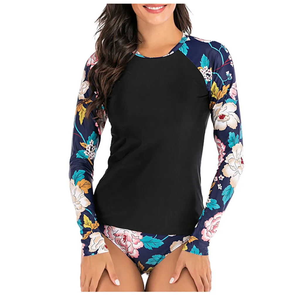 Women Sunscreen Long Sleeve Print  Beach Surfing Suit Swimwear