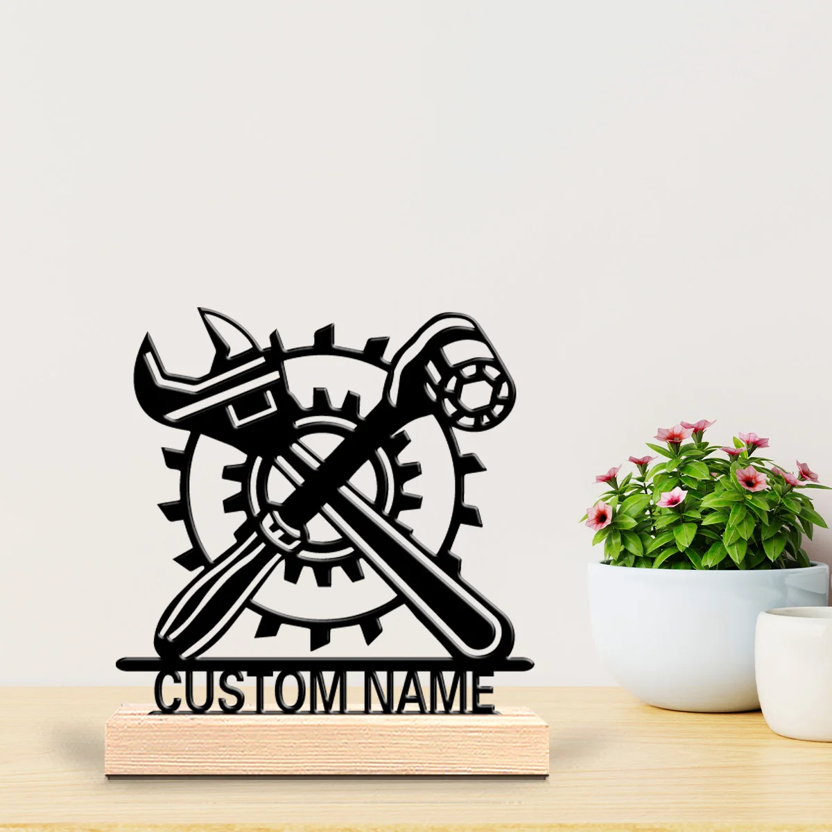 1pc Stylish Personalized Custom Wrench gear Metal Statues Cosmic Wooden Base Decor for Space Enthusiasts, Kids’ Rooms, Sci-Fi T