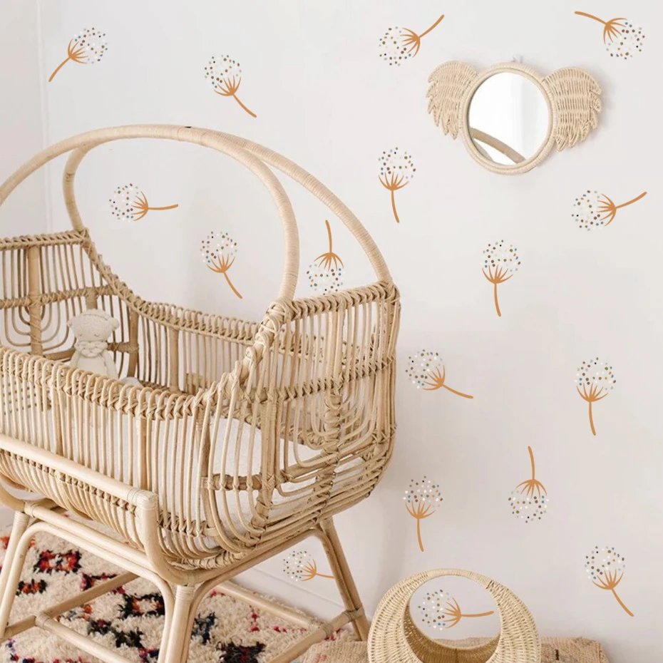 Boho Dandelions Beige Nursery Wall Sticker Removable Peel and Stick Vinyl Childers Wall Decal Baby Kids Room Playroom Home Decor