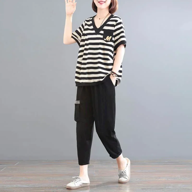 

Pop Pants Set Korean Fashion Loose Short Sleeve Oversized V-neck Striped T-shirt And Black Harem Pants Two Piece Set Women Outfi